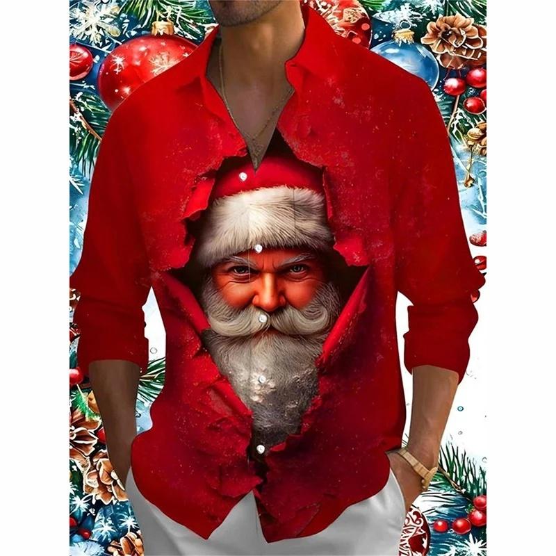Surprising Santa Claus Funny Print Christmas Button Shirt For Men Christmas New Year Party Holiday Long Sleeve Shirt New Trend