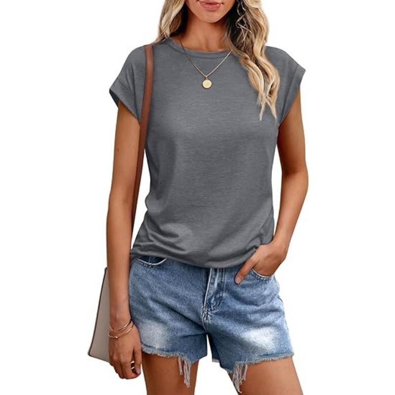 Women s Vest Summer Crew Neck Short Sleeve Shirt Solid Color Crew Neck Cover Sleeve Women 2XL серый