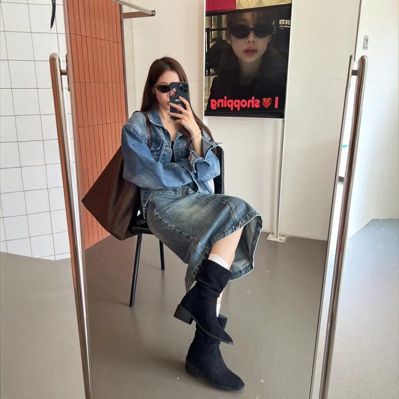 Fashion Temperament Retro Suede Square Head Thick Heel Piled Boots Women's 2025 Autumn and Winter New Height-increasing and Thin Versatile Short Boots