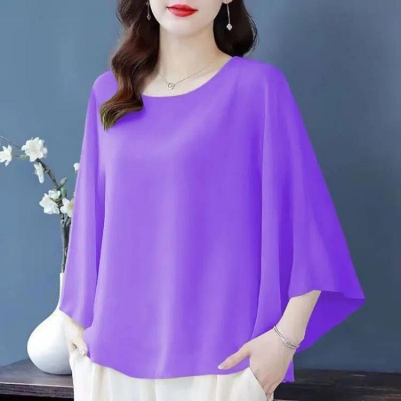 Loose Chiffon Top for Women New Plus Size Round Neck Batball Sleeves Summer Blouse Solid Color Women's Short Sleeved Casual Fashion Elegant T Shirts