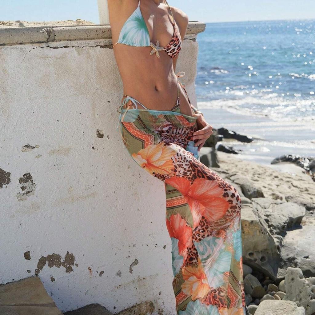 Printed Triangle Cup Bikini 3 Piece Swimsuit Set Includes Sexy Quick Drying Maxi Cover-up