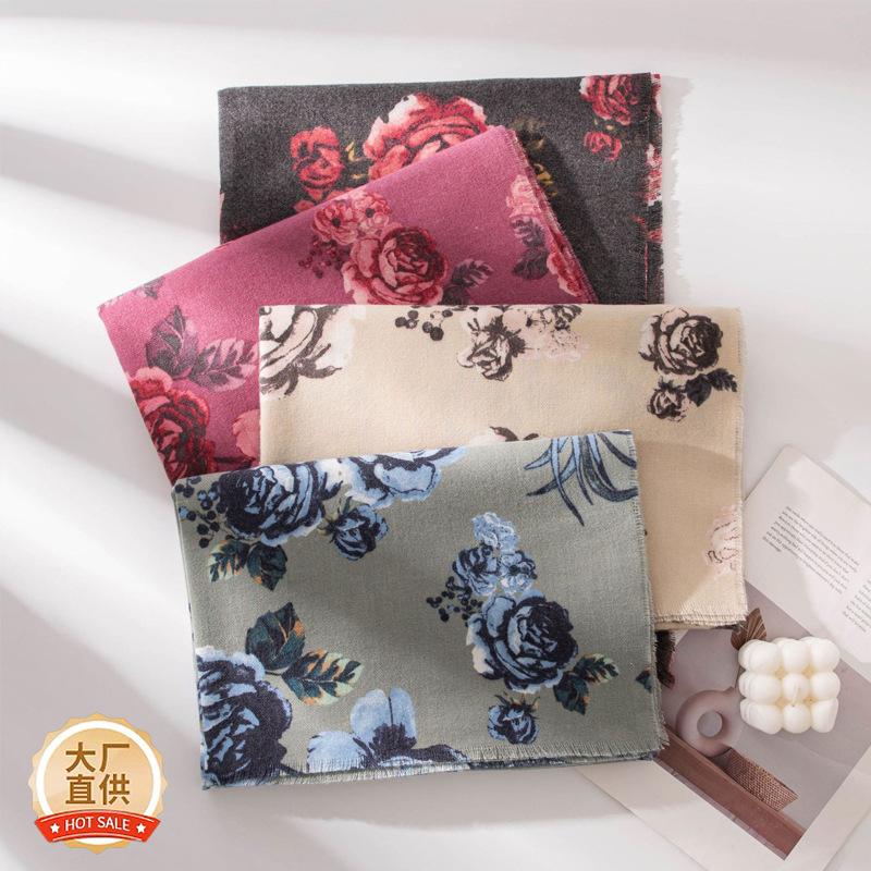 Cross Border 2025 Autumn Winter New Imitation Cashmere Tassel Shawl Fresh Sweet Rose Printed Cold Warm Scarf