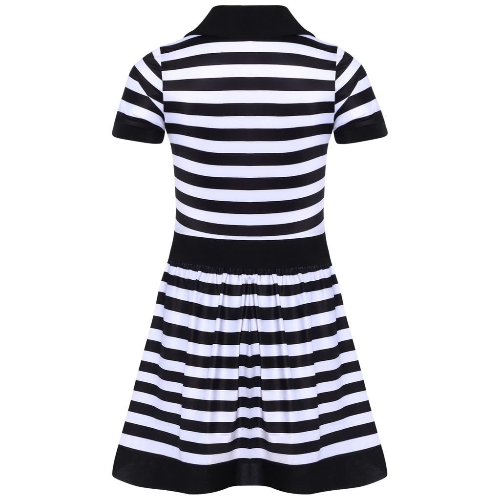 Girls Prisoner Costume Striped Dress Turn Down Collar V Neck Short Sleeve Built In Briefs Crotch Button Ruffled Skirt