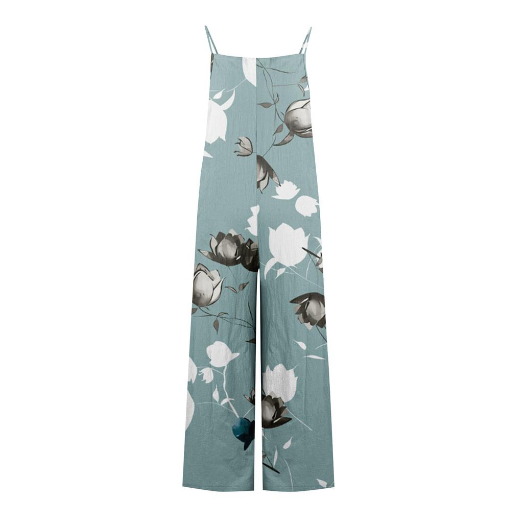 Wide Leg Overalls For Women Casual Loose Sleeveless Print Button Long Pant Romper Jumpsuit With Pockets