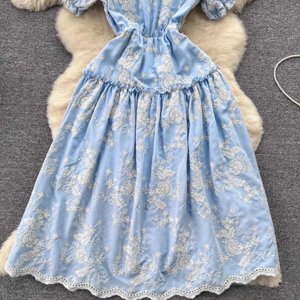 Summer Elegant Holiday Flower Embroidery Beach Dresses For Women V Neck Short Sleeve Robe A Line Party Birthday Dress