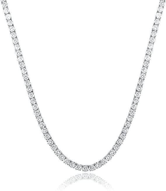 18K White Gold Plated Zirconia Tennis Necklace Choker, 4-Prong, Size Options: 2mm-6mm, Fashion Trend Bestseller