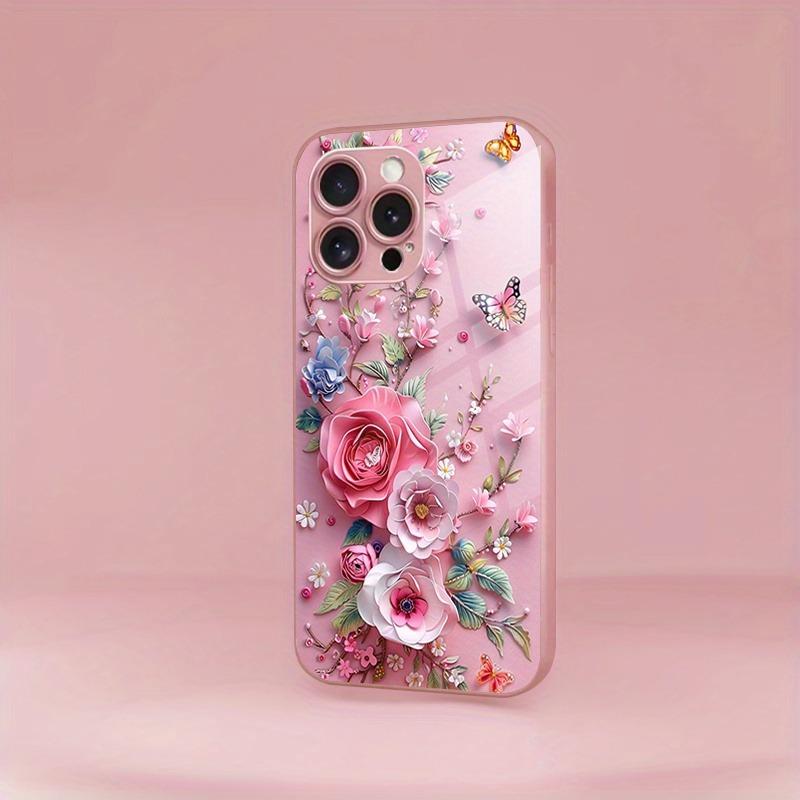 Schmetterlingsblumenmuster Rosa Metallic-Lack Glas Harte Handyhülle Für iPhone 17 Pro Max 16 15 14 13 12 11 17 Air Plus 16E Hülle