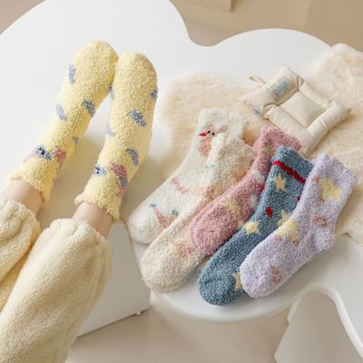 Socks Women Winter Warm Fluffy Fuzzy Cute Middle Tube Thick Thermal Soft Coral Fleece Floor Sleep Cartoon Star Short Crew Socks