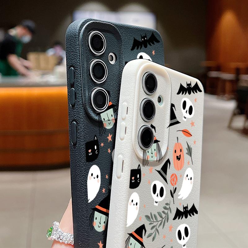 Ghost Pumpkin Pattern Phone Case For Samsung Galaxy S25 S24 S22 Ultra S23 S24 FE A17 A56 A16 A36 A26 A55 A15 A25 A54 5G Leather Texture TPU Shockproof