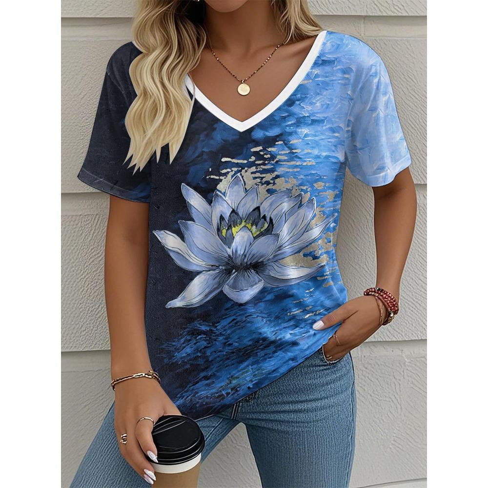 Blumen Damen V-Ausschnitt T-Shirt Sommer Outdoor Lässig Kurzarm Tops Mode 3D-Druck Trendig Übergröße Damenbekleidung