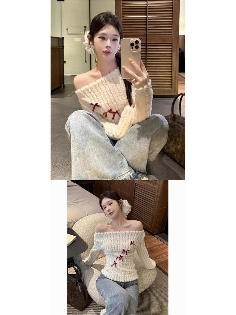 Women's Off-Shoulder White Slim-Fit Pullover Sweater with Bow Detail