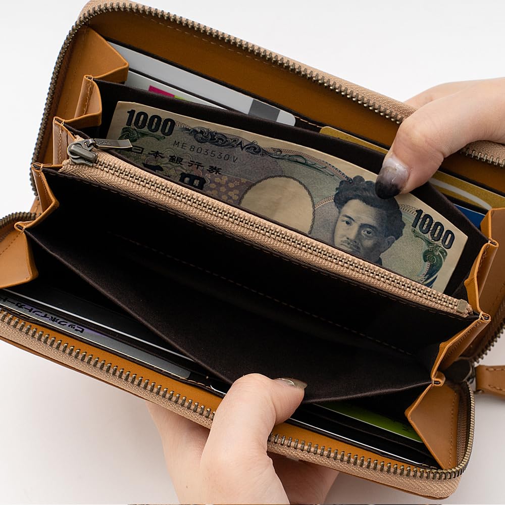 E-MONO Genuine Leather Long Wallet, Himeji Leather, Skimming Prevention, Men's Round Zipper Wallet, Leather Zipper Purse, Long Wallet, Business