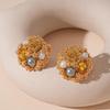 Vintage Metallic Rhinestone & Faux Pearl Flower Sterling Silver Stud Earrings - French Court Style for Women