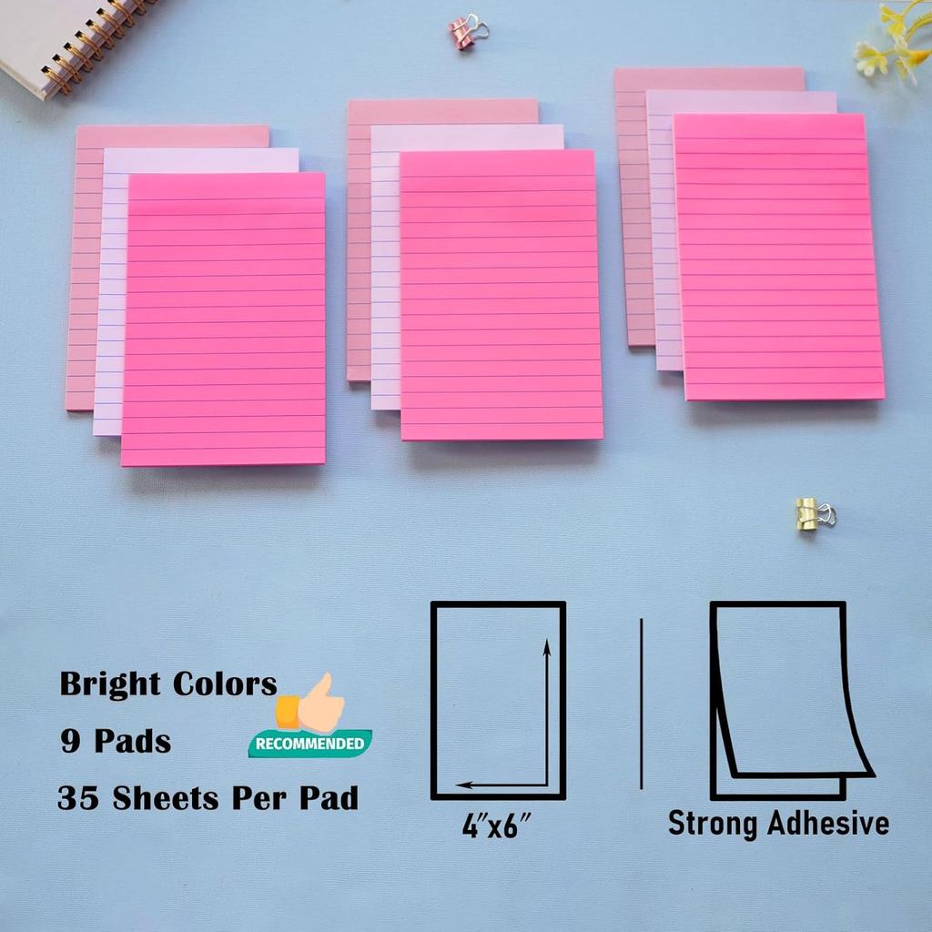 9 Pack Lined Sticky Notes 4X6 in Post Sticky Notes with Lines, Large Ruled Post Sticky Colorful Super Sticking Power Memo Pads Strong Adhesive (Pink