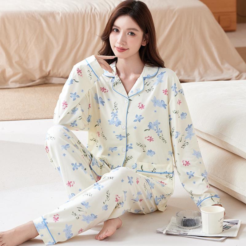 Pajamas women's spring and autumn imitation cotton long-sleeved autumn mother's new loungewear large-size set