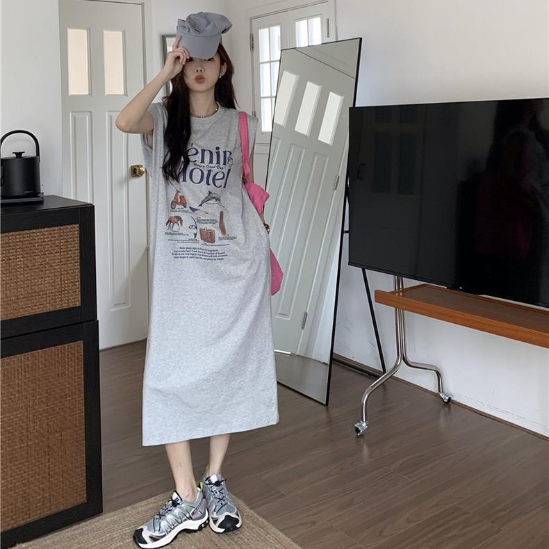 Letní dámská košile větší velikosti bez rukávů s potiskem Dlouhé šaty Volné šaty Vesta pod kolena Neformální šaty