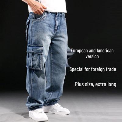 European Plus Size Extra Long Heavyweight Men's Workwear Jeans with Multi-Pockets, Loose Straight Leg
