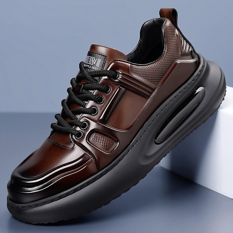Mens Genuine Leather Casual Shoes With Thick Sole Height Increasing Comfortable Breathable Round Toe Lace Up
