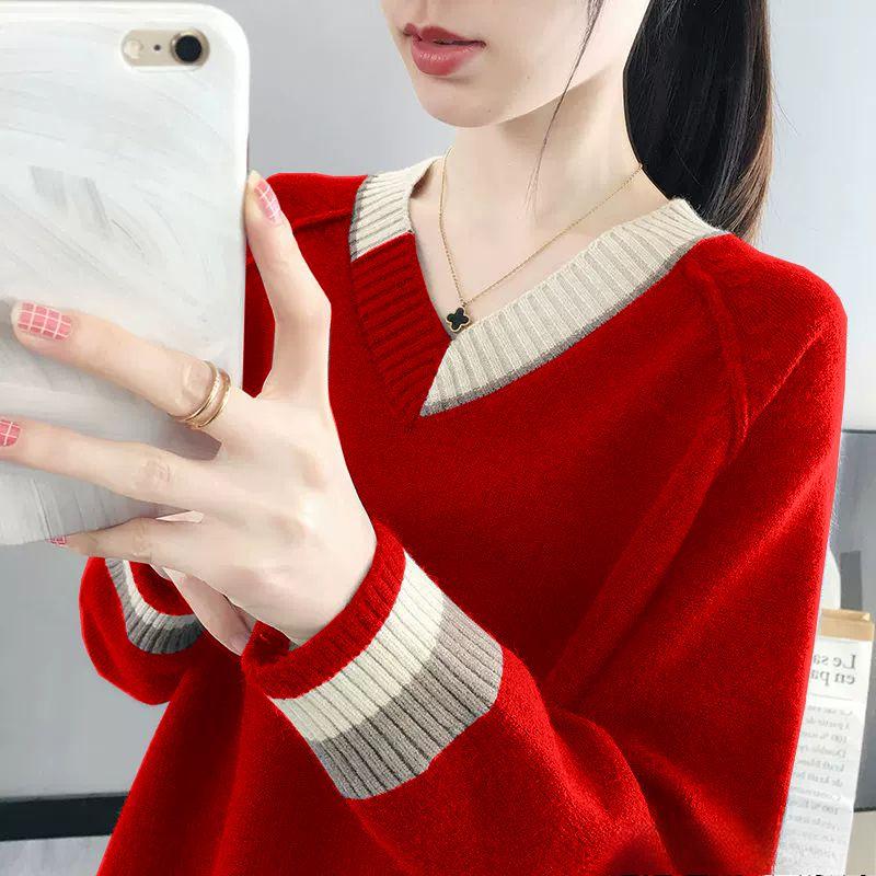 Women's V Neck Sweater Spring Fall Pullover Knit Jumper Outerwear Loose Knit Sweater Top