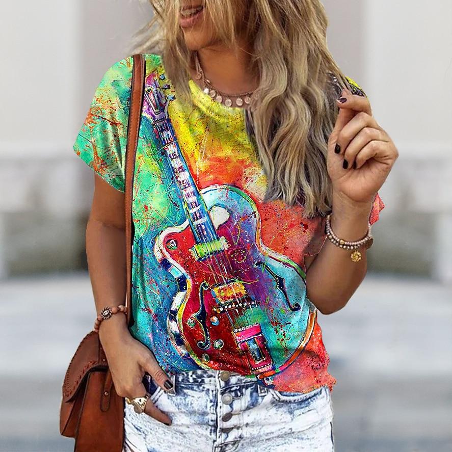 Women's Oversize T-Shirt 3d T-Shirt With Guitars Print Summrt O-Neck Short Sleeve Tops Rock Tee Streetwear Y2k Female Clothing