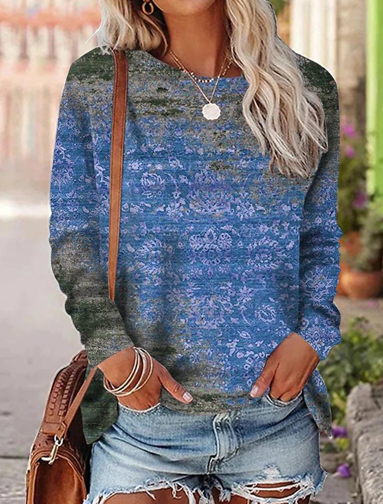 Fashion Women's T shirt Tee Graphic Print Casual Long Sleeve Weekend Vintage Ethnic Crew Neck Regular Fit Painting Fall & Spring