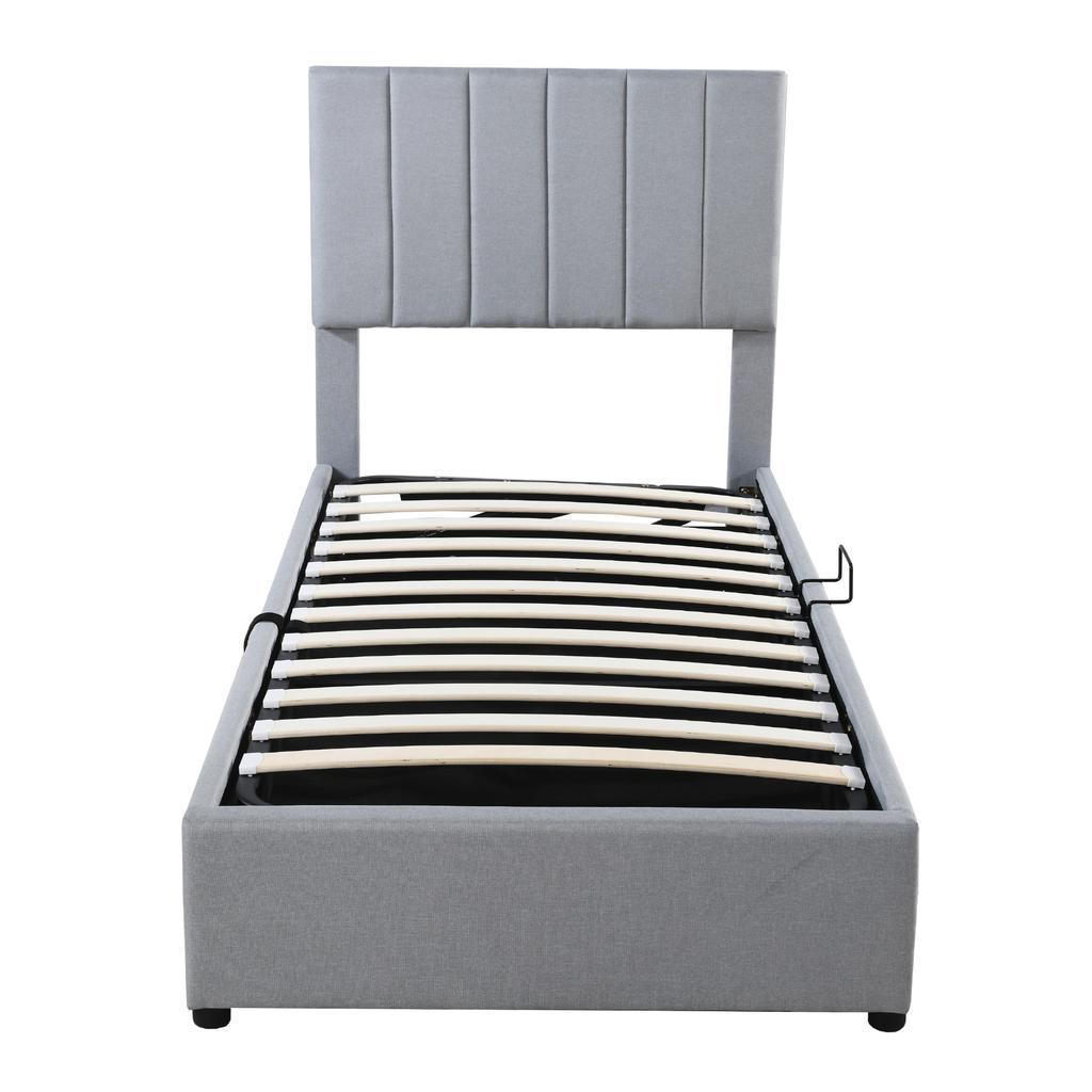 Children's Upholstered Bed 90x200 Cm, Hydraulic Storage Bed, Skin-friendly Linen High Box Bed, Grey