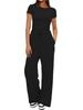 Solid Color Casual Long Sleeve Set Top High Waisted Wide Leg Pants Sportswear