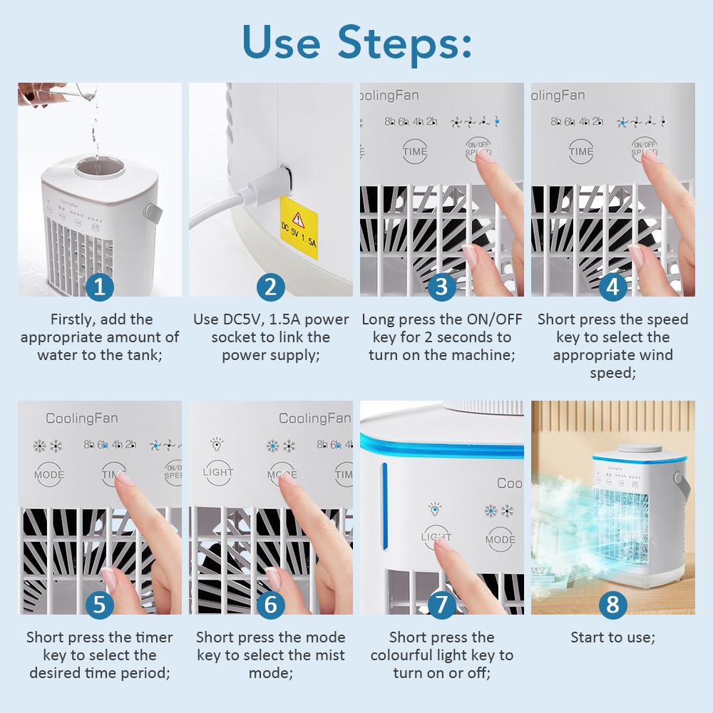 Ar Condicionado para Espaços Pequenos para Casa Portátil Recarregável Ventilador de Mesa Cooler de Ar de Verão com Spray Ar Limpo Úmido para Sala de Escritório