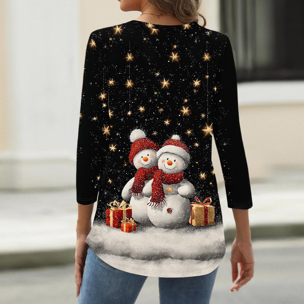 Women's Fashion Casual Christmas Tree Print V-Neck Decorative Button Three-Quarter Sleeve T-Shirt Top