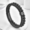 High Quality Stainless Steel Cross Men's Genuine Leather Bracelet Natural Black Stone Beaded Jewelry Anniversary Birthday Gift