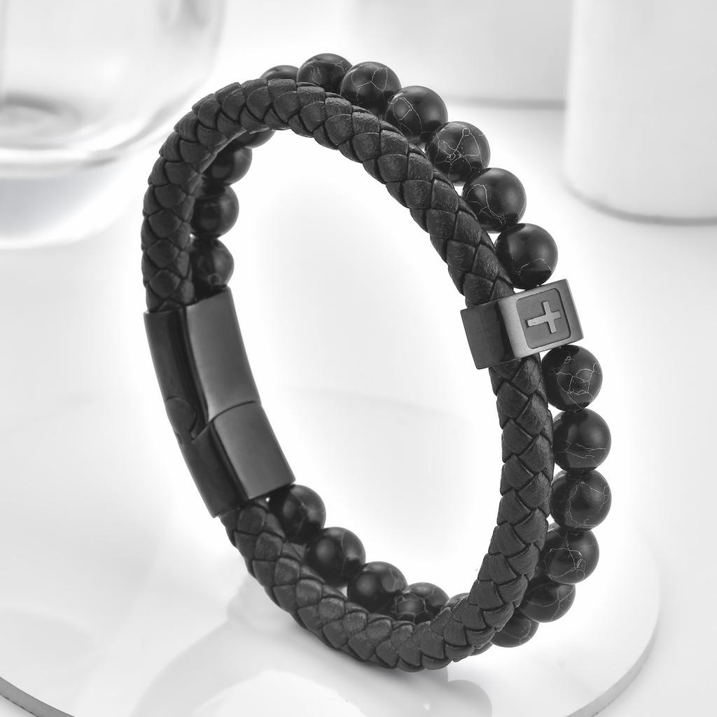 High Quality Stainless Steel Cross Men's Genuine Leather Bracelet Natural Black Stone Beaded Jewelry Anniversary Birthday Gift