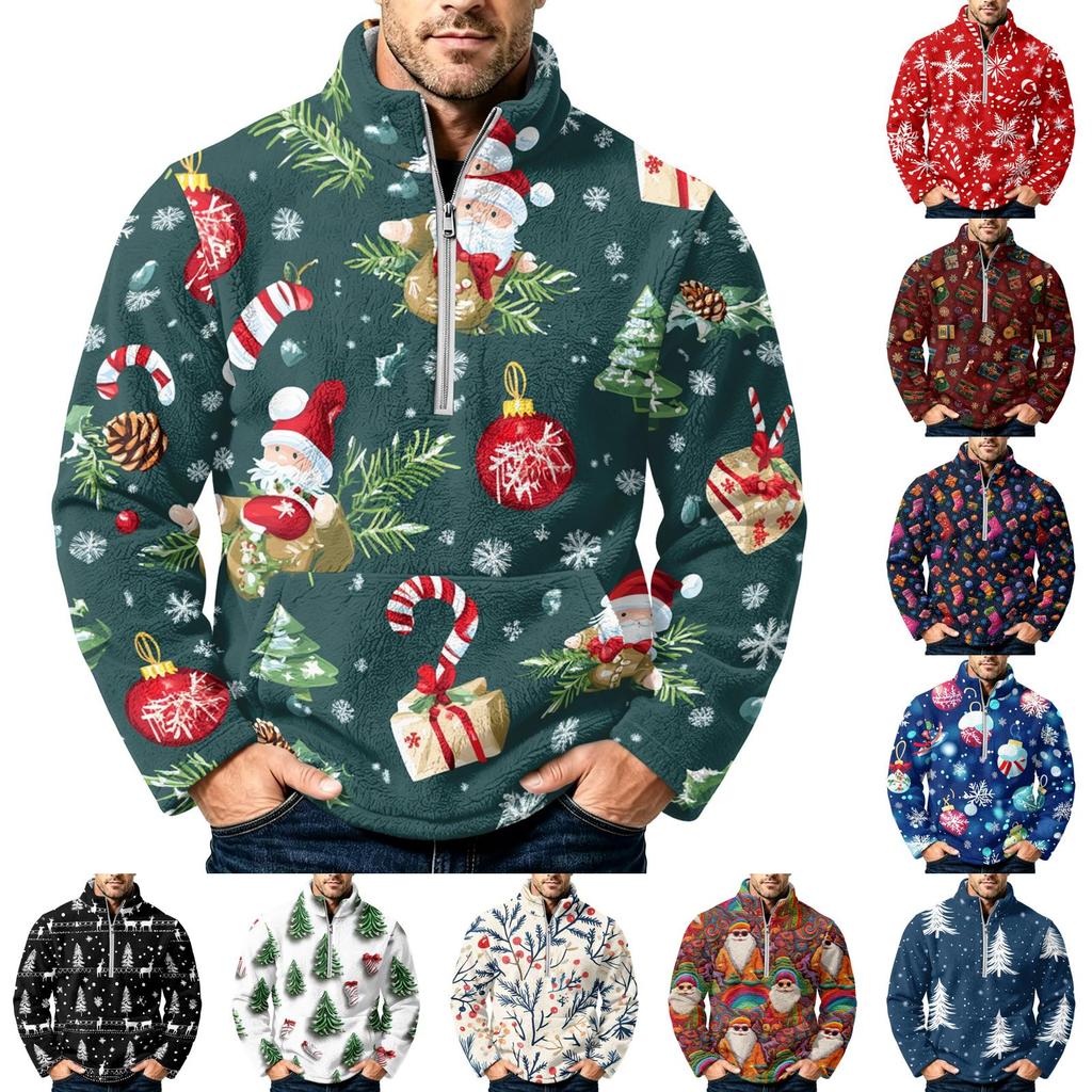 Men's Christmas Print Zip-Up Sweatshirt with Stand Collar, Plus Size Flannel Top for Fall Winter