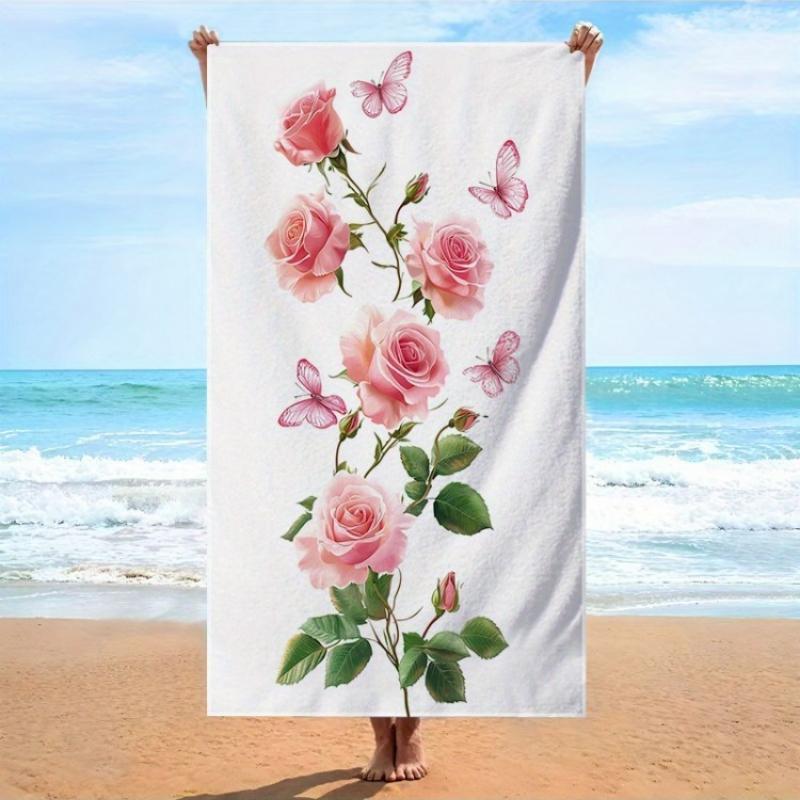 

1pc Floral Design Beach Towel with Roses and Butterflies Bath Towels Soft Microfiber Fabric Unisex Oversized Towel for Swimming W30*H60(CM)