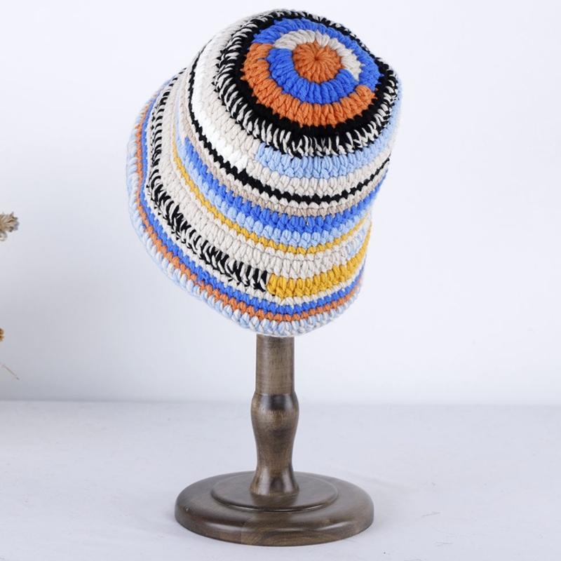 Popular Female Hat Knitting Bucket Hat Handmade Crochet Rainbow Fisherman Hat Women Girl Photo Beanie Warm Striped Cap