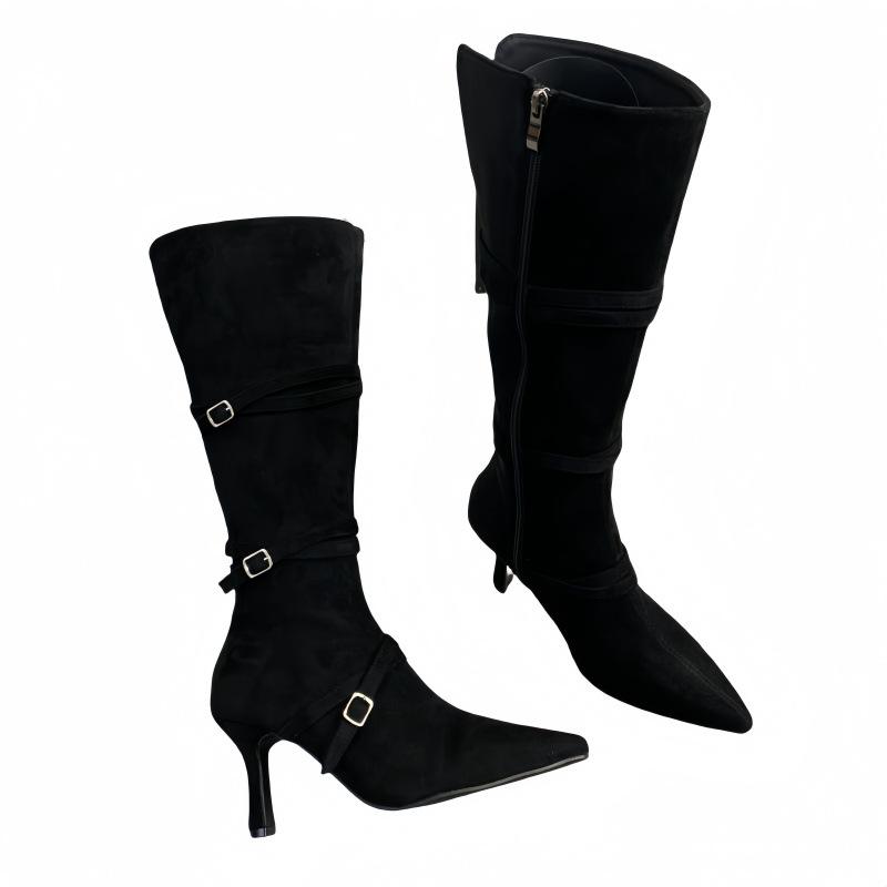 Stiliga fina stövlar höst och vinter tunna remmar spetsiga mocka tunna klackar höga stövlar men knähöga klackstövlar damskor