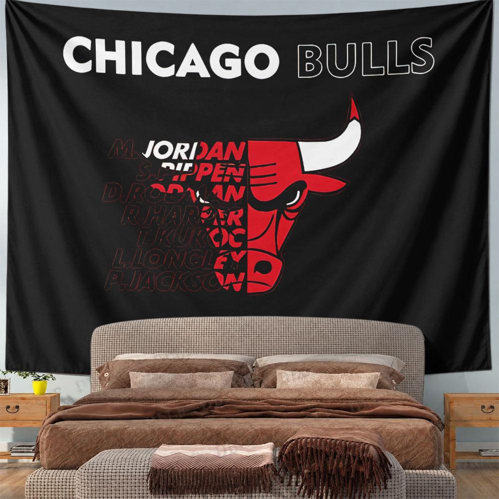 The image features the Chicago Bulls logo with players' names integrated. Patterned tapestry for bedroom and living room home decor