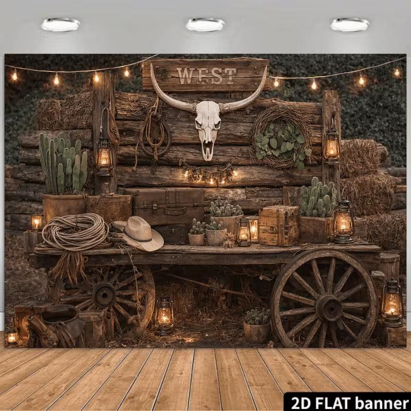 2D Vintage Cowboy Longhorn Skull Western Party Backdrop 47.2x31.5inch/120*80cm