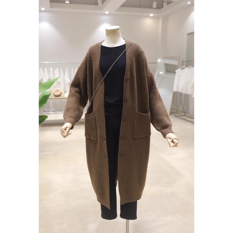 Premium autumn and winter knitted cardigan new loose medium and long thickened single-breasted V-neck sweater jacket women