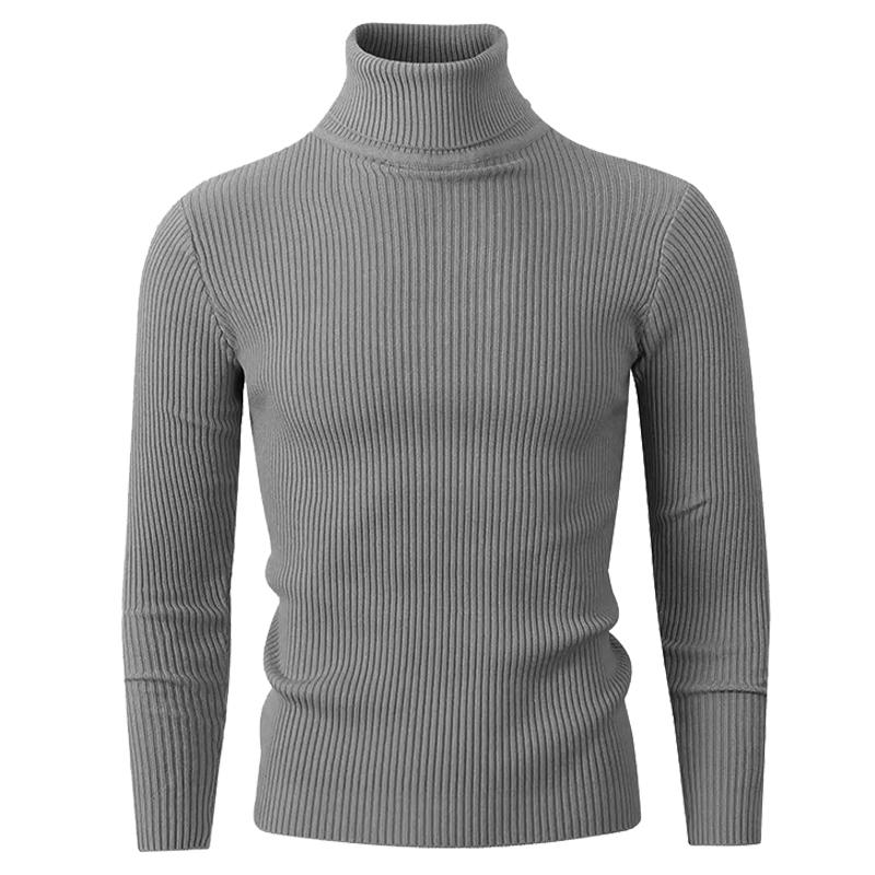 New Men's Turtleneck Knitted Sweater Long Sleeved Stripes Streetwear Autumn Oversized Black Sweaters Homme Solid Color Basic Top