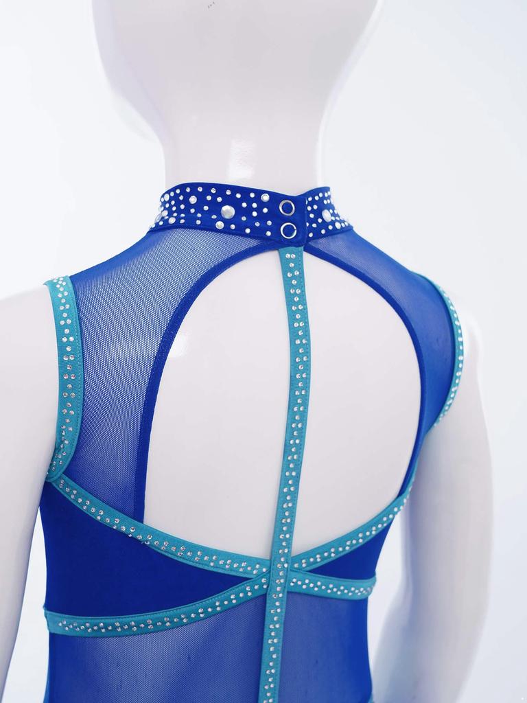 Girls Jazz Latin Dance Costume Shiny Rhinestones Color Block Leotard with Feather Skirt Sleeveless Cutout Back