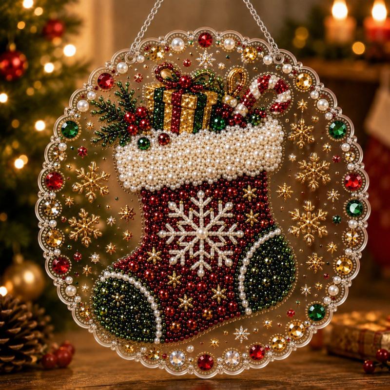 1PC DIY Christmas Pearl Painting Pendant, Round Acrylic Board, 2D Flat Pearl Bead Crafts, Holiday Window & Wall Decor