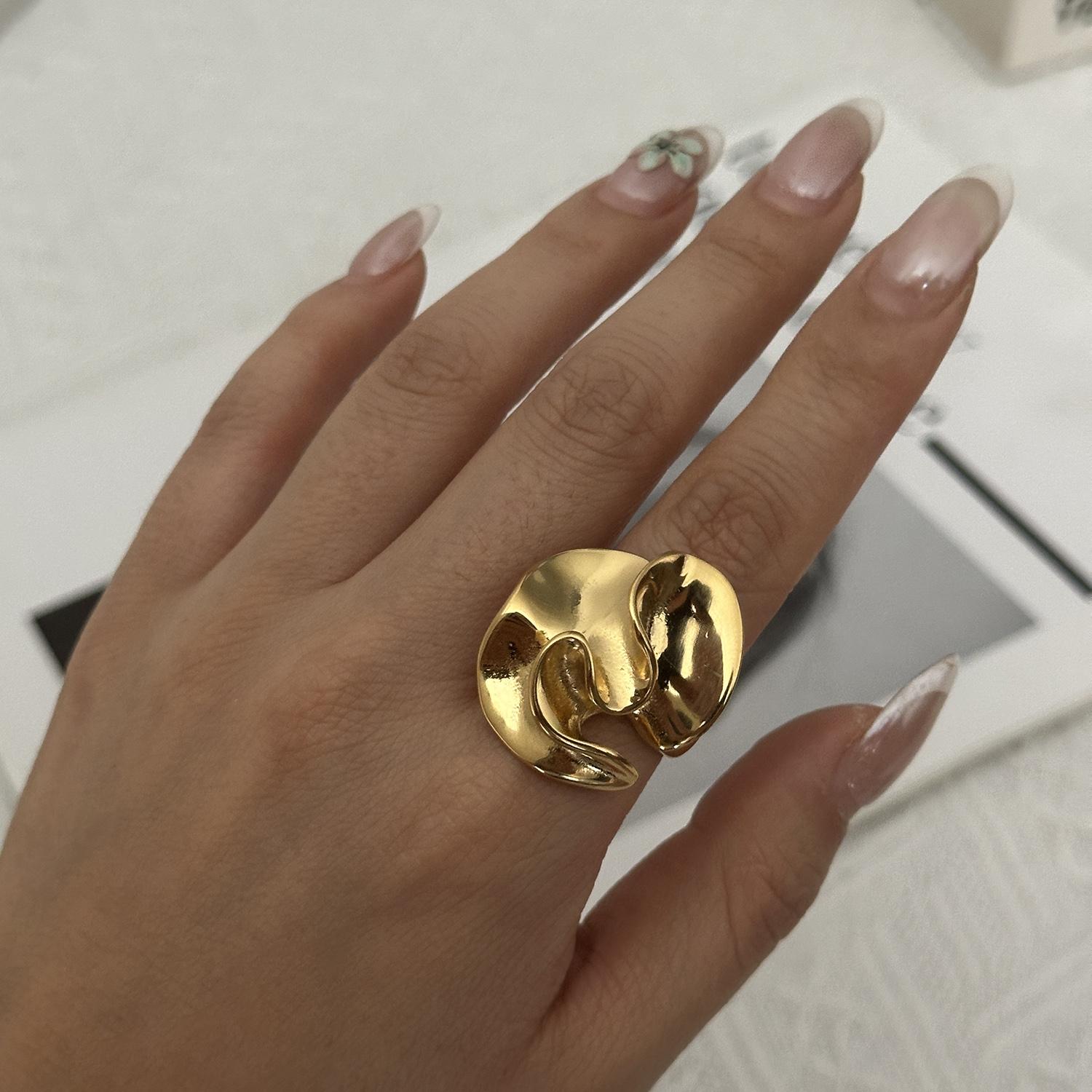 Edelstahl Unregelmäßige Welle Metalltextur Ringe Für Frauen Männer Goldfarbe Zirkon Wassertropfen Glänzend Fingerring Party Schmuck brown