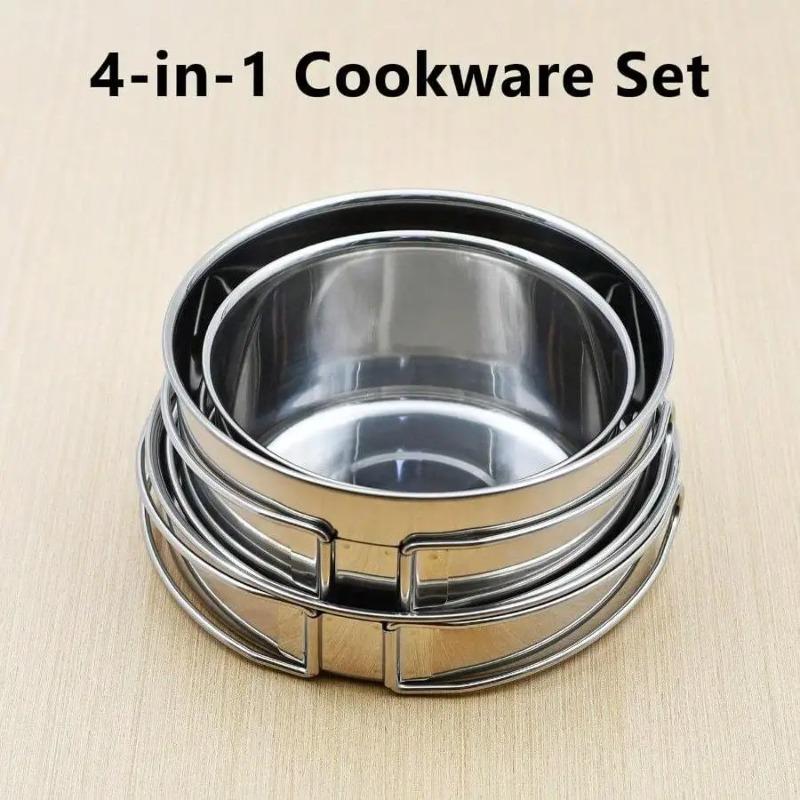 Lightweight 4 Piece Camping Cookware Stainless Steel Pots with Handles for Safe Outdoor Cooking