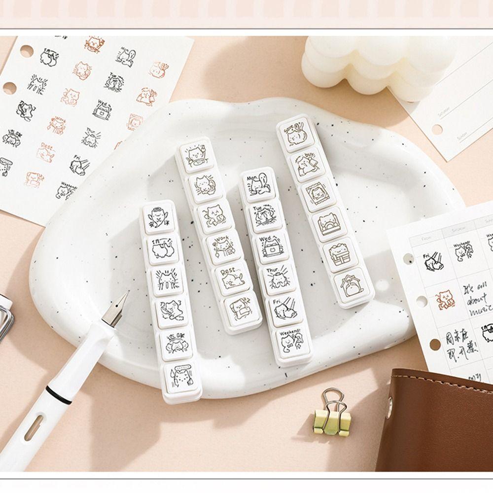 6Pcs Mini Pattern Cute Cat Stamp Six Seal Set Black/Brown Kawaii Kitten Seal Simple Diary Easy To Use Cartoon Pattern Stamps