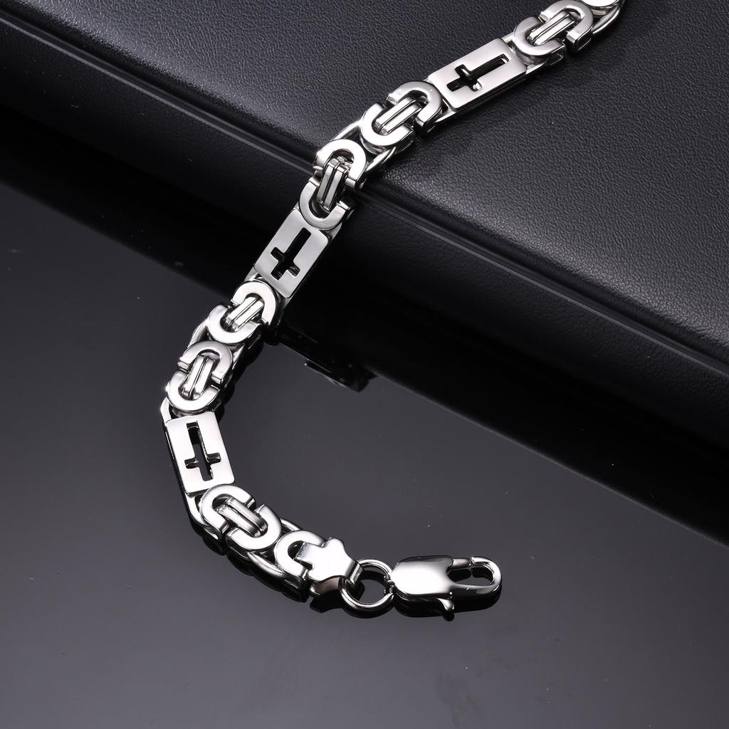 Retro Edelstahl Hohlkreuz Armband für Herren, Silberfarben Byzantinisches Handgefertigtes Kettenglied Armband, Modischer Punk Schmuck