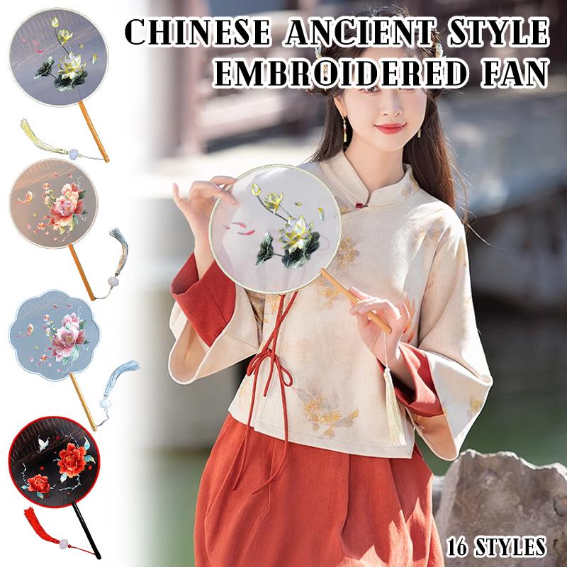 Doppelseitiger Vintage-Fächer chinesischer Stil Pfingstrose Su-Stickerei Runder Fächer Ornamente Tanzfächer Performance-Requisiten Heimdekoration