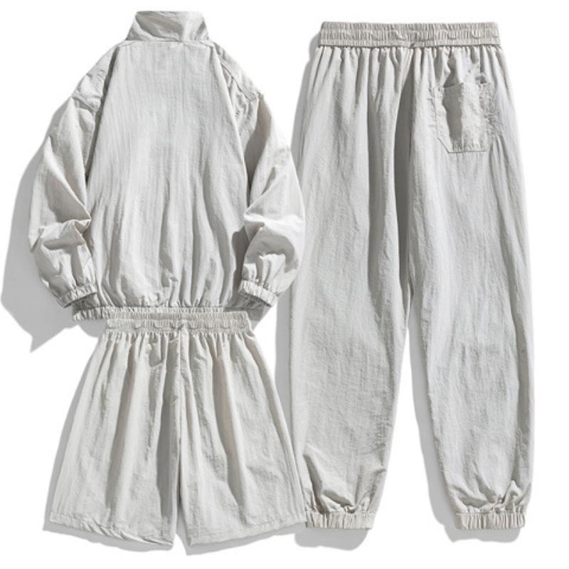 Men's Casual Ice Silk Tracksuit Jacket Shorts And Trousers 3pcs Suit Running Fitness Jacket Suit Male Sportswear Set