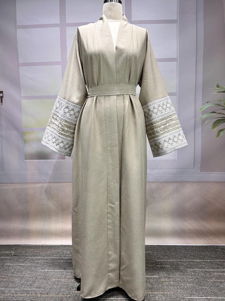 

2025 Ближневосточная мусульманская мода Вышитый кардиган-платье с поясом и карманом One Size абрикосовый