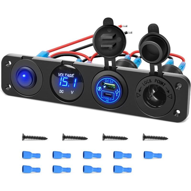 1PC Yacht Bus RV 4-in-1 Combination Panel with Cigarette Lighter Digital Voltmeter Intelligent Fast Charge QC3.0 + PD