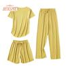 Dámské letní pyžamový set korejský temperament triko s ledovým hedvábným výstřihem do O se stahovací šňůrkou rovné široké nohavice tenké elastické pasové šortky 3ks/sada Domácí oblečení